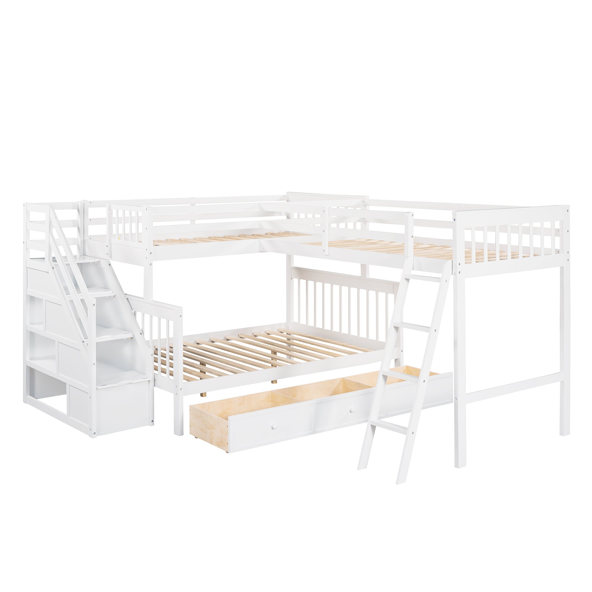 Twin over Full L-Shaped Bunk Bed With 3 Drawers, Ladder and Staircase - White - Atlantic Fine Furniture Melbourne FL