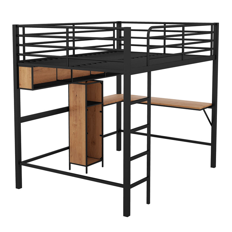 Full Size & Loft Bed With L-Shaped Desk And Shelves - Black
