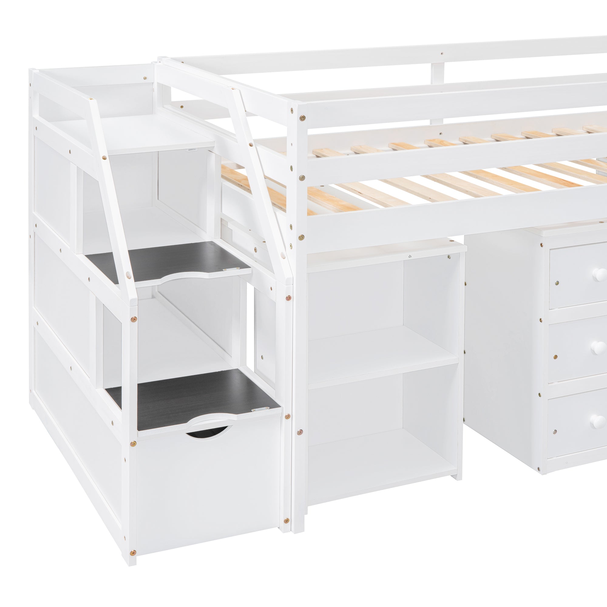 Twin Size Loft Bed with Retractable Writing Desk and 3 Drawers, Wooden Loft Bed with Storage Stairs and Shelves, White - Atlantic Fine Furniture Melbourne FL