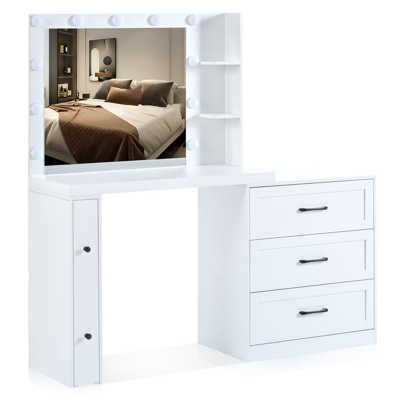 Vanity Desk With Freely Adjustable Side Cabinet, Makeup Vanity With Hollywood Lights, 5 Storage Drawers & 2-Shelves, Modern Dressing Table - White