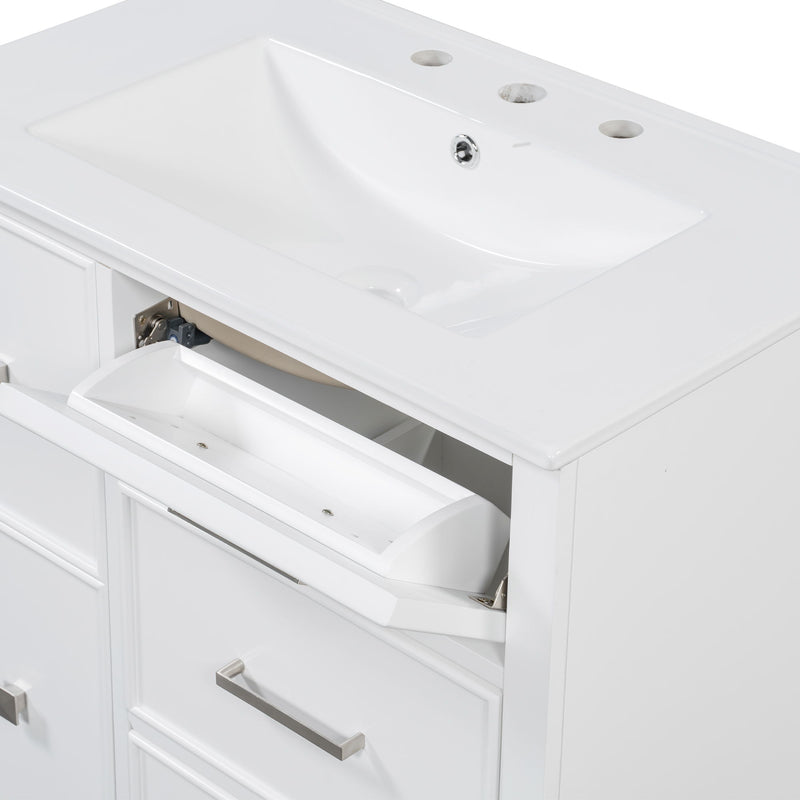 Bathroom Vanity With Ceramic Sink, Flip Out Drawer Design For Plumbing, Soft Close Drawers