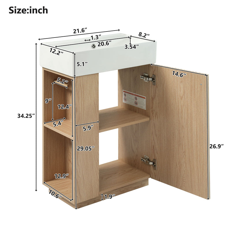 Bathroom Vanity With Sink, 21.6" Freestanding Wood Grain Cabinet With Storage Ideal For Small Bathrooms - Wood