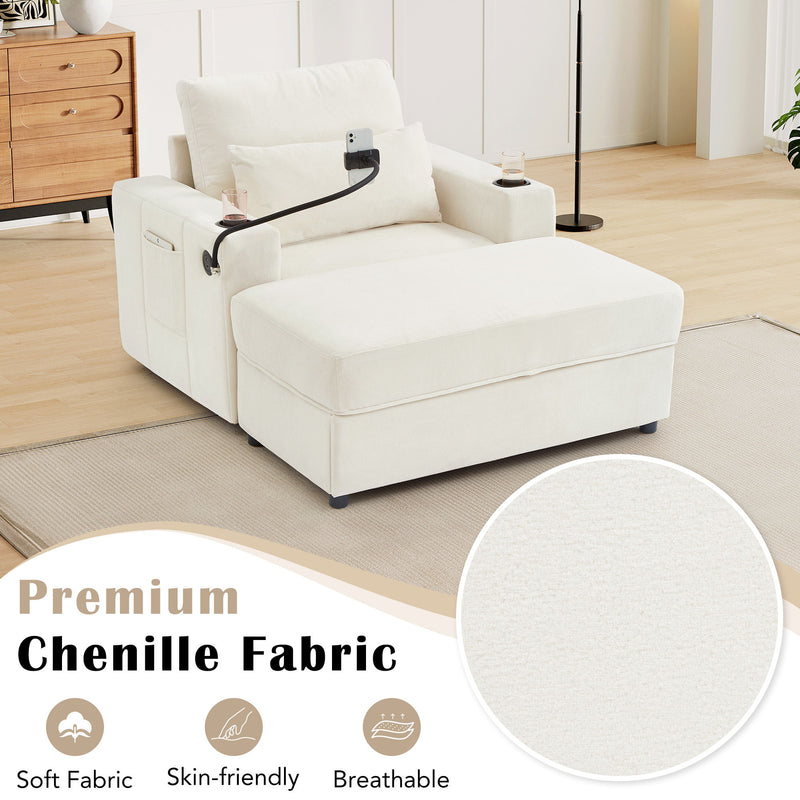 Modern Style Armchair Chaise Lounge Sofa Couch With Movable Storage Ottoman, USB Ports, Cup Holders, Phone Holder, Side Pockets
