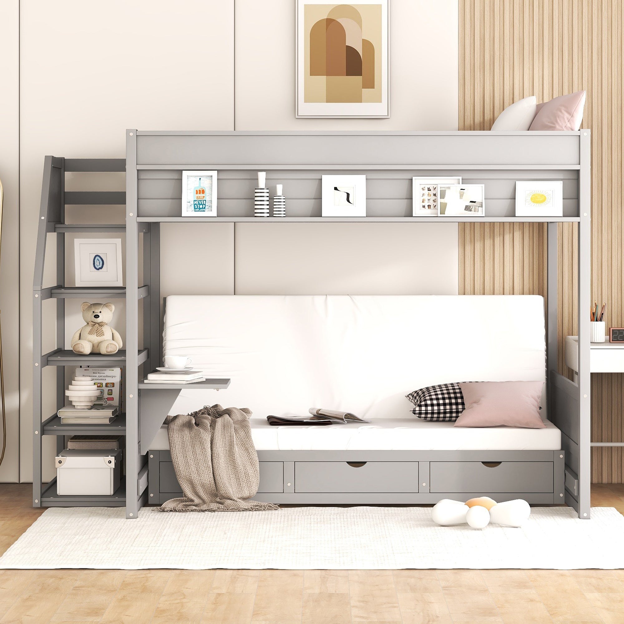 Wood Full Size Convertible Bunk Bed with Storage Staircase, Bedside Table, and 3 Drawers, Gray - Atlantic Fine Furniture Melbourne FL