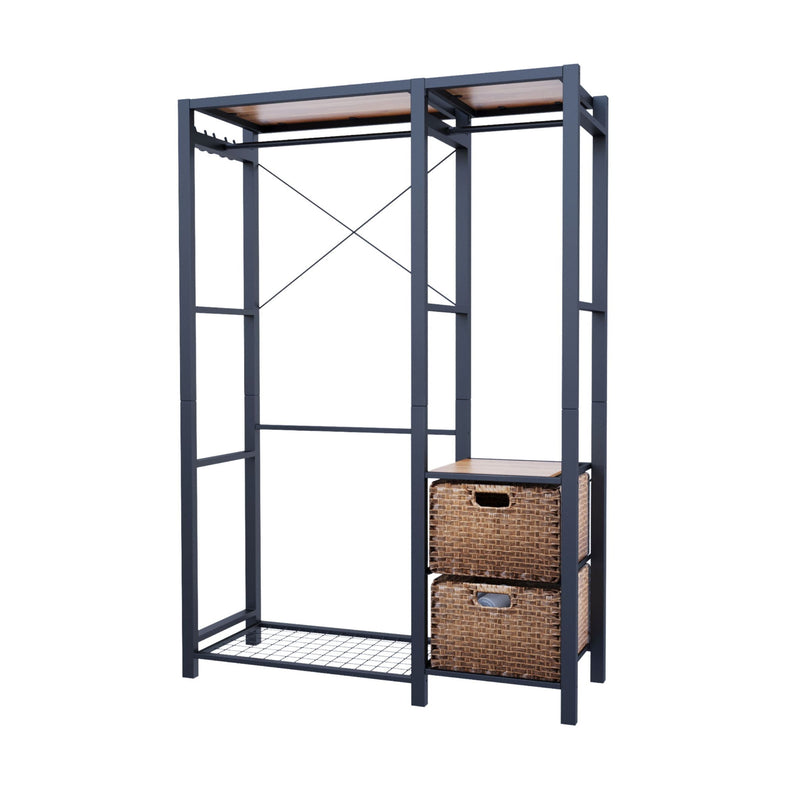 Garment Rack With Shelves, 2 Wicker Drawers, 4 Hooks, Organizer