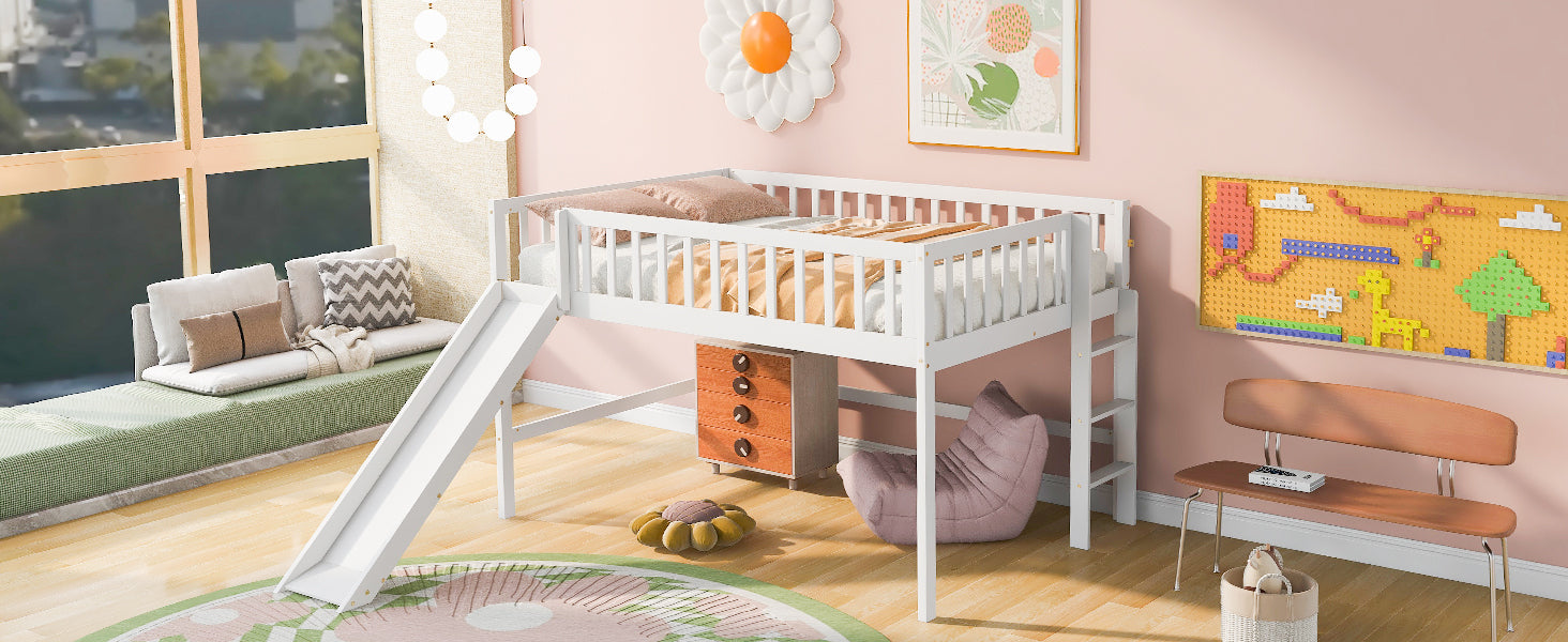 Full Size Low Loft Bed with Ladder and Slide,White - Atlantic Fine Furniture Melbourne FL