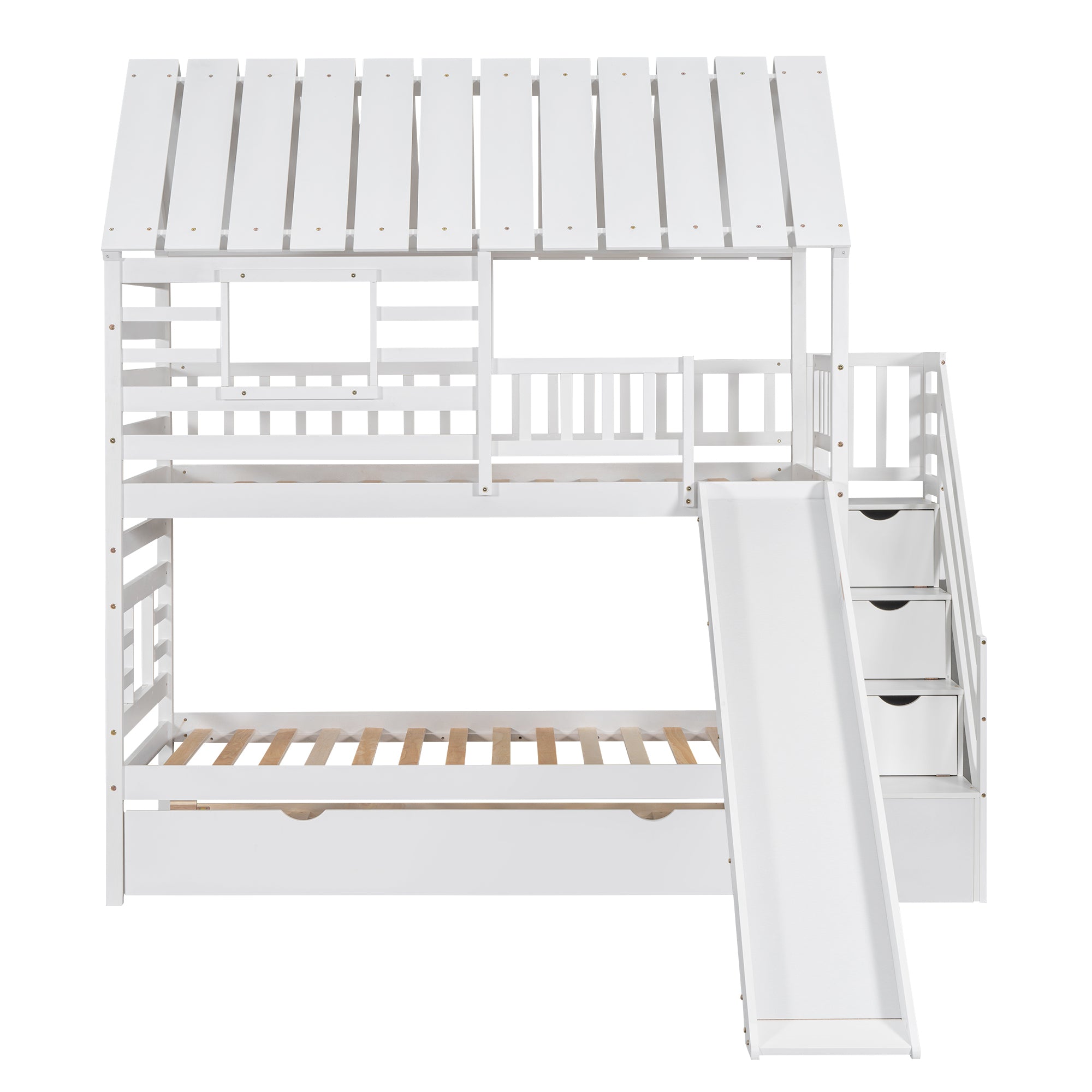 Twin over Twin House Bunk Bed with Trundle and Slide, Storage Staircase, Roof and Window Design, White(Old SKU: GX000931AAK) - Atlantic Fine Furniture Melbourne FL