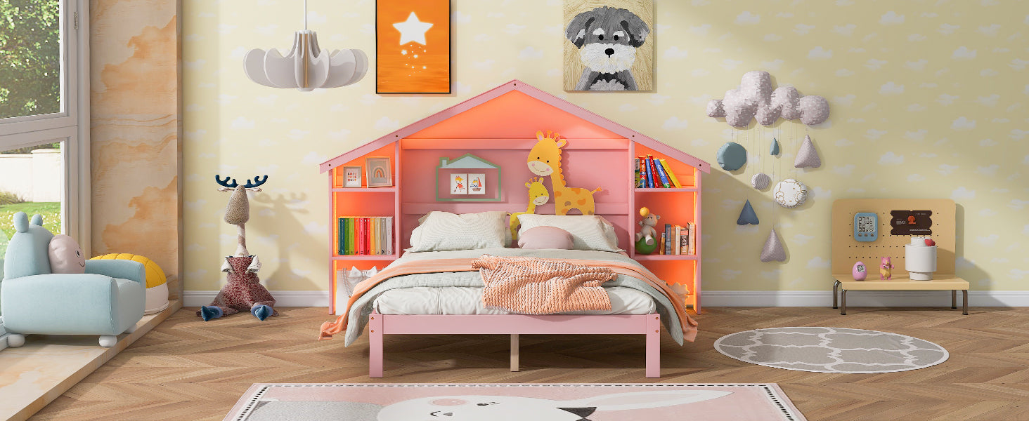 Wood Full Size Platform Bed with House-shaped Storage Headboard and Built-in LED, Pink - Atlantic Fine Furniture Melbourne FL