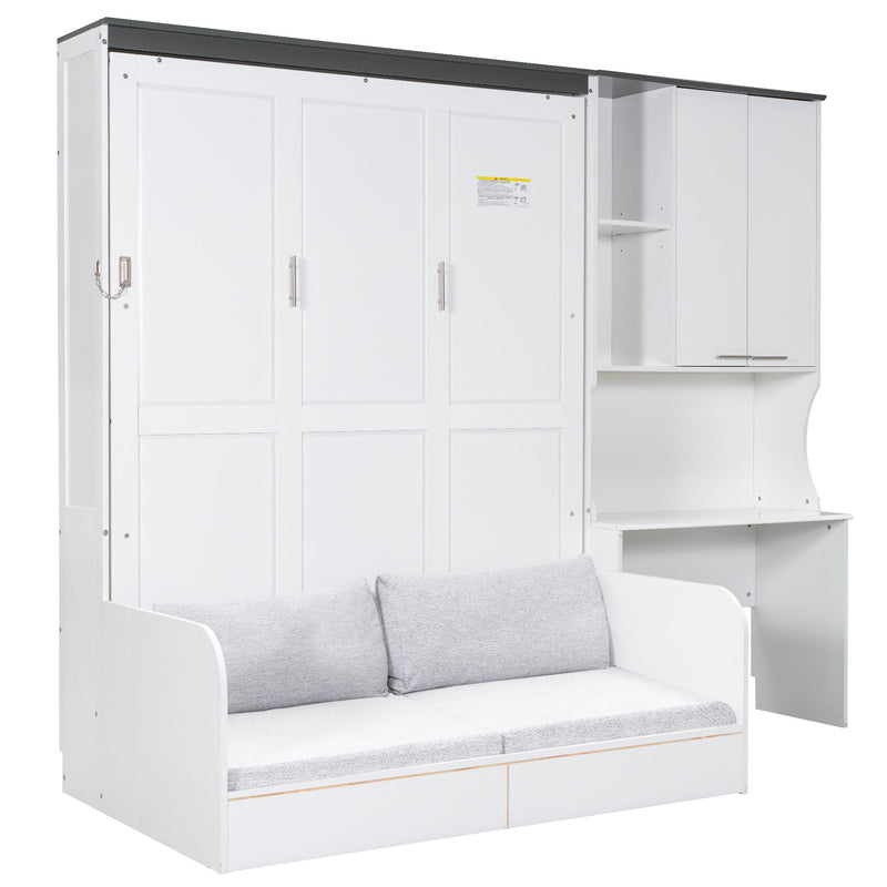 Multi Functional Murphy Bed With Sofa, Desk, And Storage Cabinet, Queen Size - White