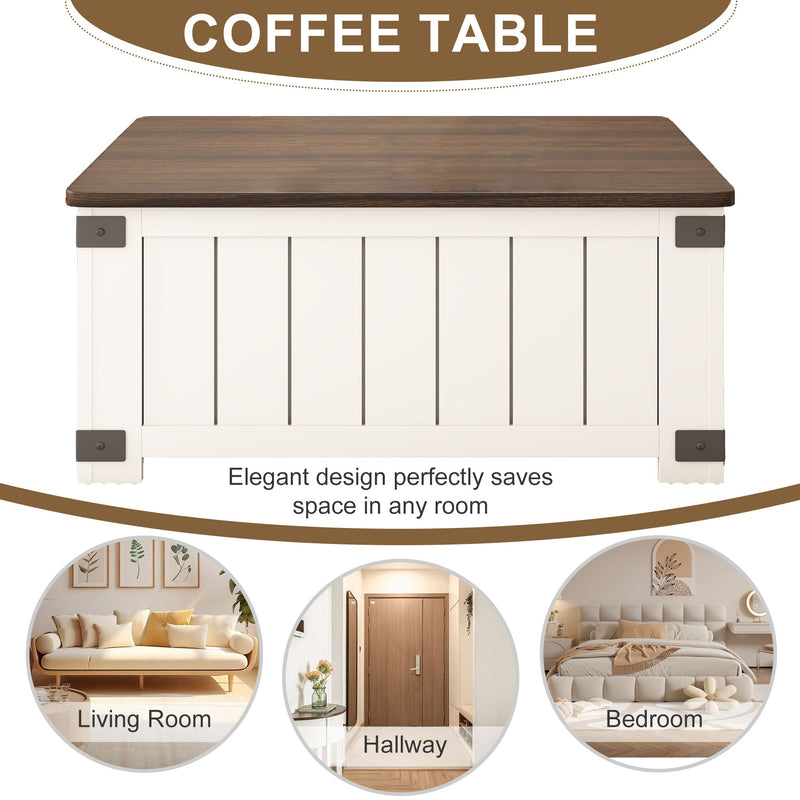 Farmhouse Style Lift Top Coffee Table With Storage And Charging Station - White Wood