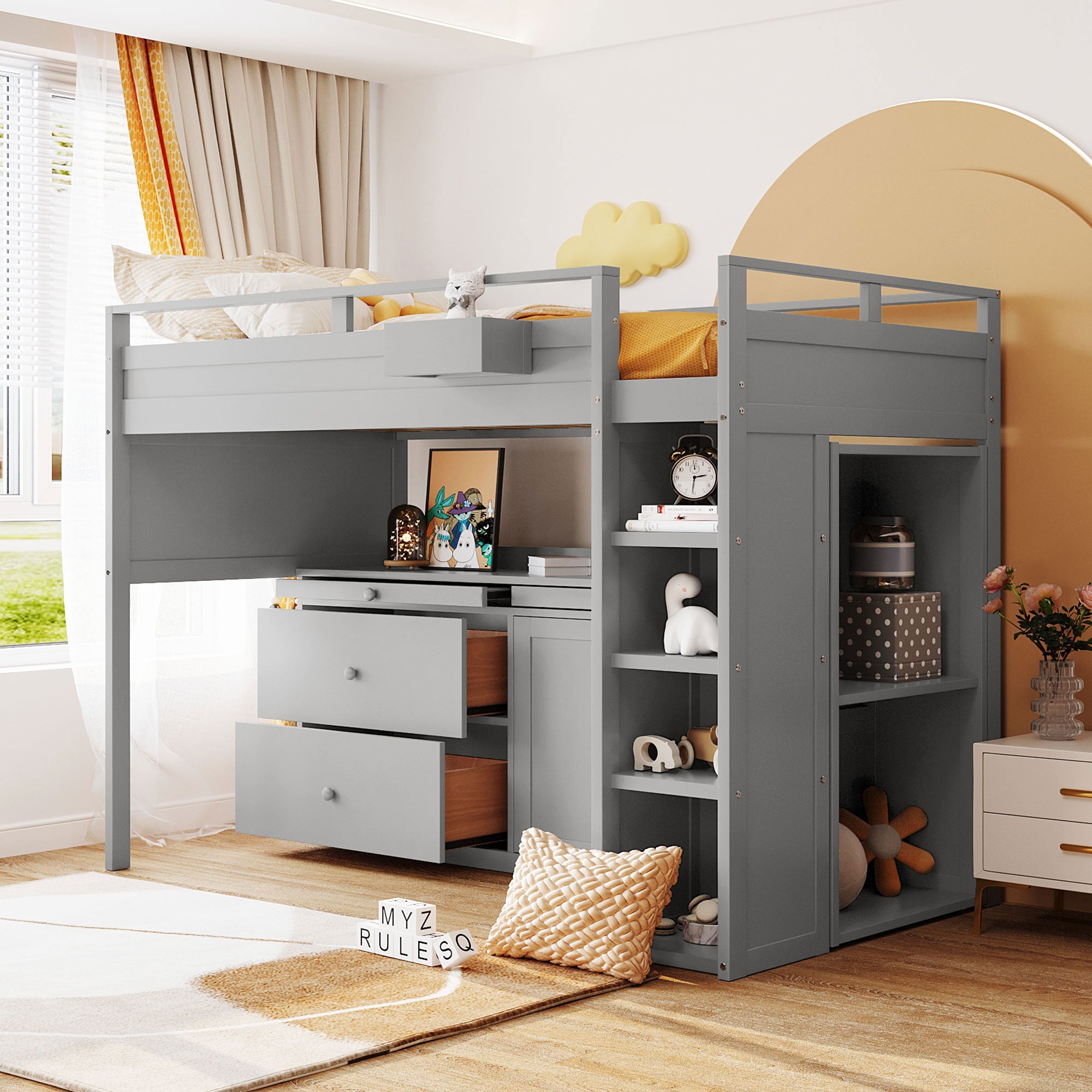 Loft Bed with Rolling Cabinet and Desk - Gray - Atlantic Fine Furniture Melbourne FL
