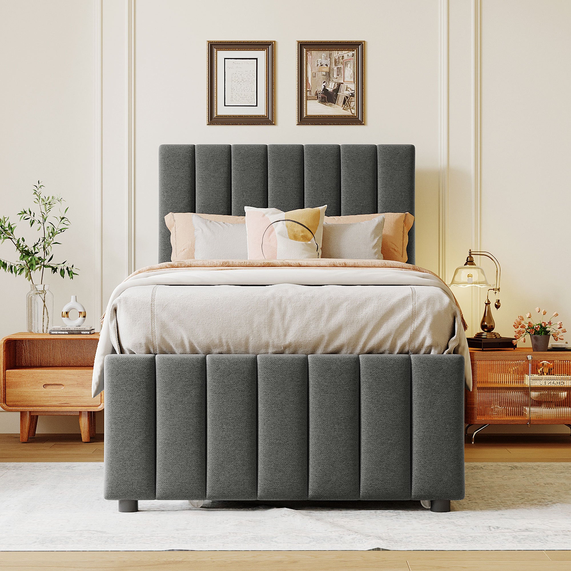 Twin Size Upholstered Platform Bed with Trundle and 3 Drawers, Linen Fabric, Gray - Atlantic Fine Furniture Melbourne FL