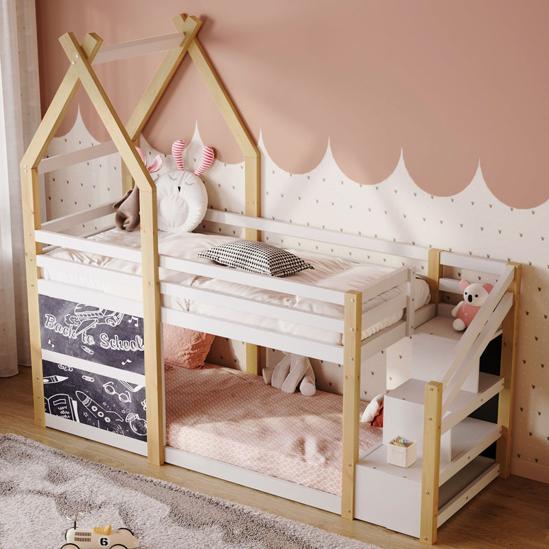 Twin Over Twin House Bunk Bed With White Storage Staircase And 2 Blackboards - White / Natural