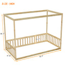 Twin Size Canopy Frame Floor Bed with Fence, Guardrails,Natural