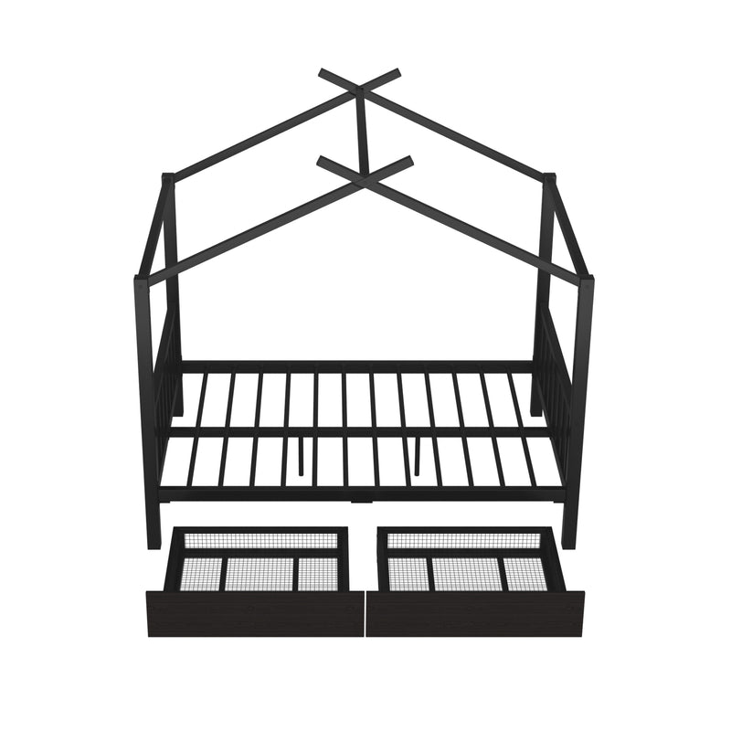 Full Size Metal House Platform Bed with Two Drawers,Headboard and Footboard,Roof Design,Black