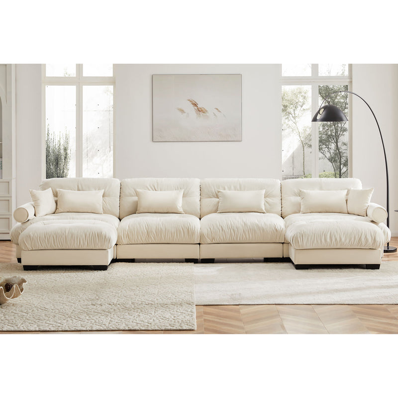 Modern Sectional Sofa With Ottoman, Round Bolster Armrests, Waist And Throw Pillows