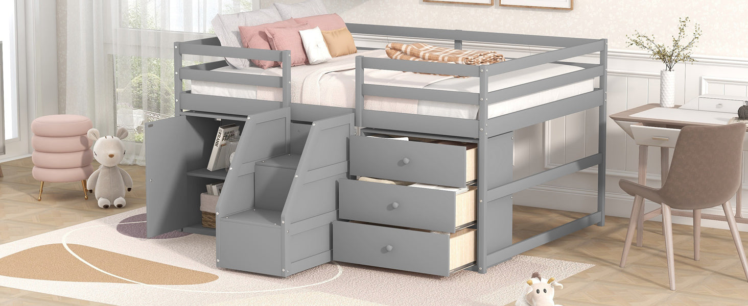 Full Size Functional Loft Bed with Cabinets and Drawers, Hanging Clothes at the back of the Staircase, Gray - Atlantic Fine Furniture Melbourne FL
