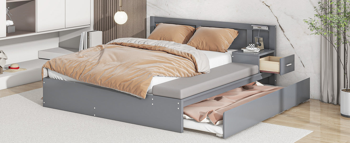 Full Size Wood Storage Hydraulic Platform Bed with Twin Size Trundle, Side Table and Lounge, Gray - Atlantic Fine Furniture Melbourne FL