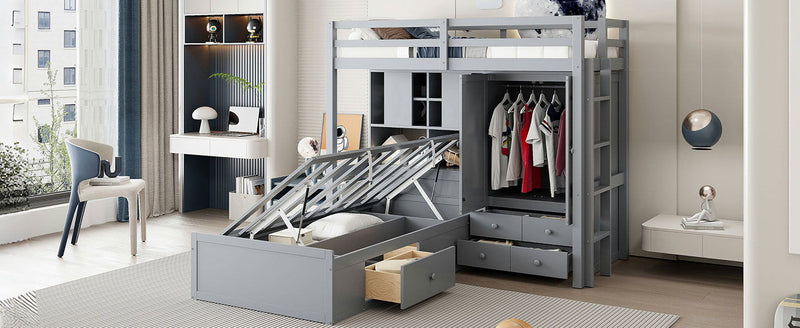 Bunk Bed With Drawers, Wardrobe, Storage Shelves And Hydraulic