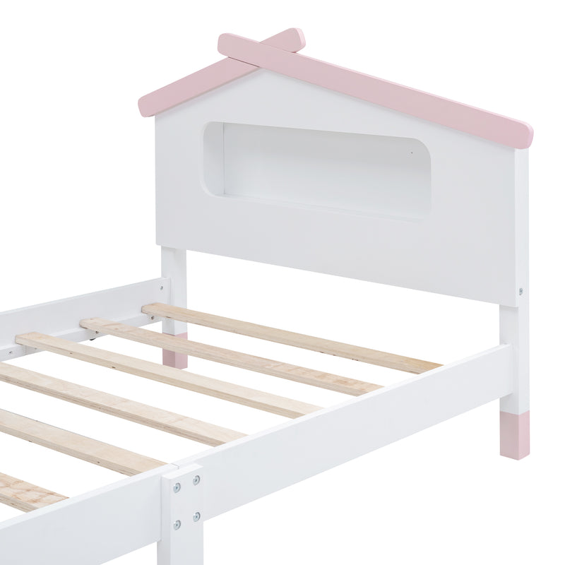 Twin Size Wood Platform Bed with House-shaped Headboard and Motion Activated Night Lights (White+Pink)