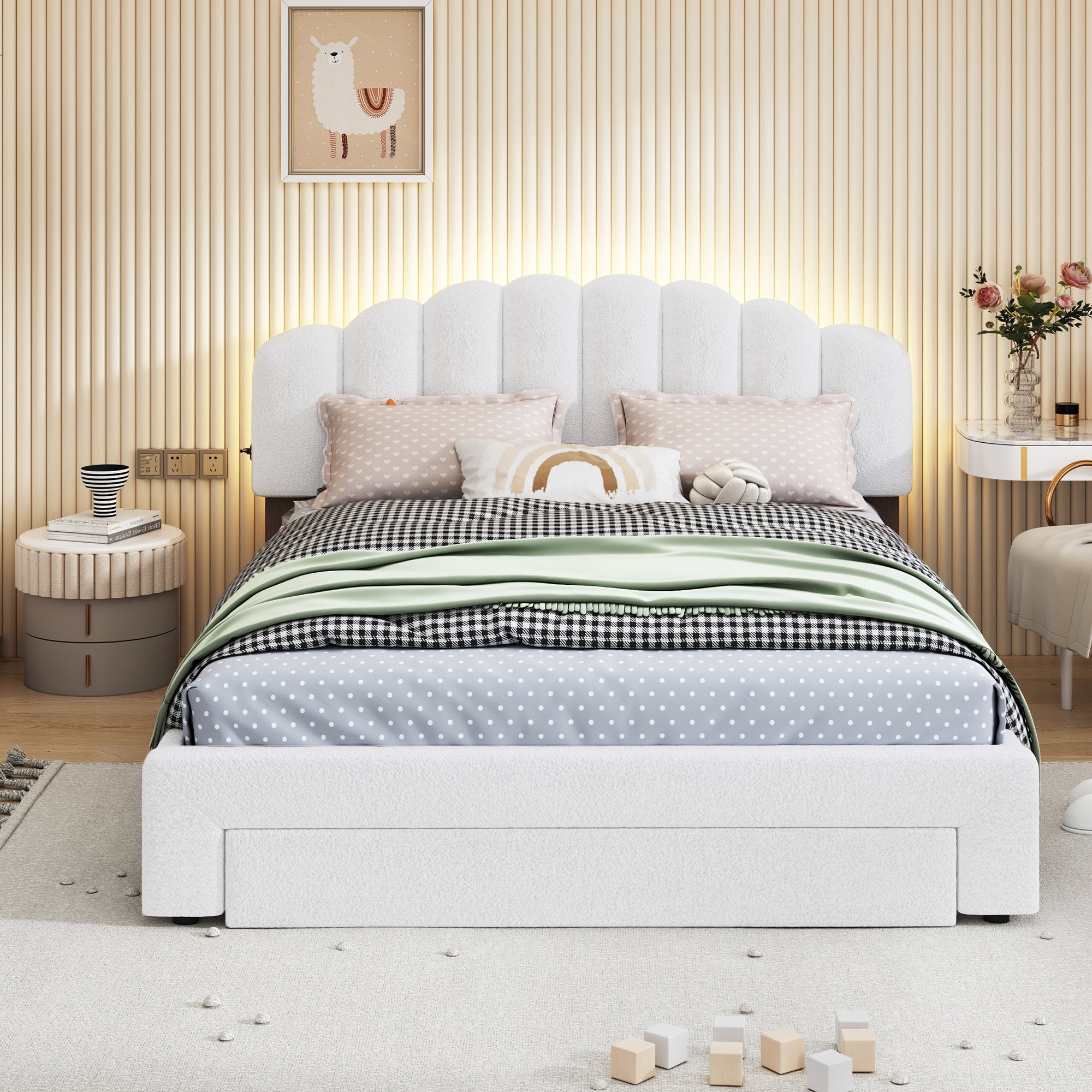 Teddy Fleece Queen Size Upholstered Platform Bed with Drawer, White - Atlantic Fine Furniture Melbourne FL