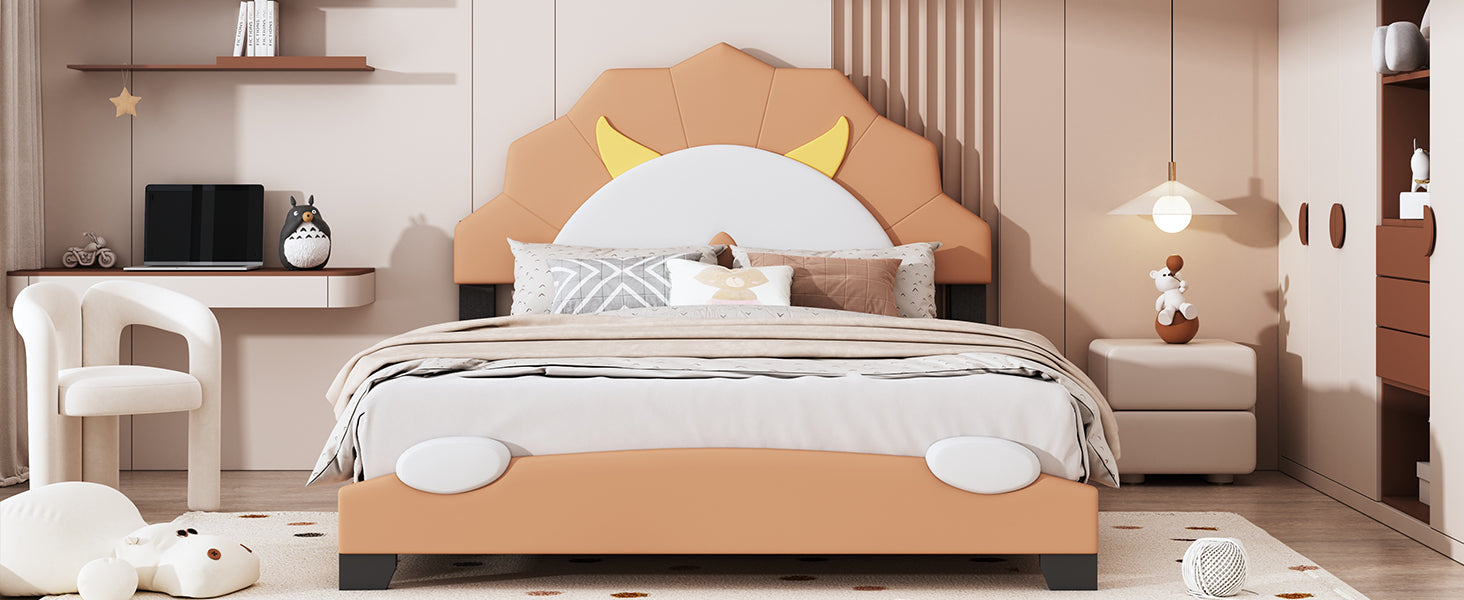Full Size Upholstered Leather Platform Bed with Lion-Shaped Headboard, Brown - Atlantic Fine Furniture Melbourne FL