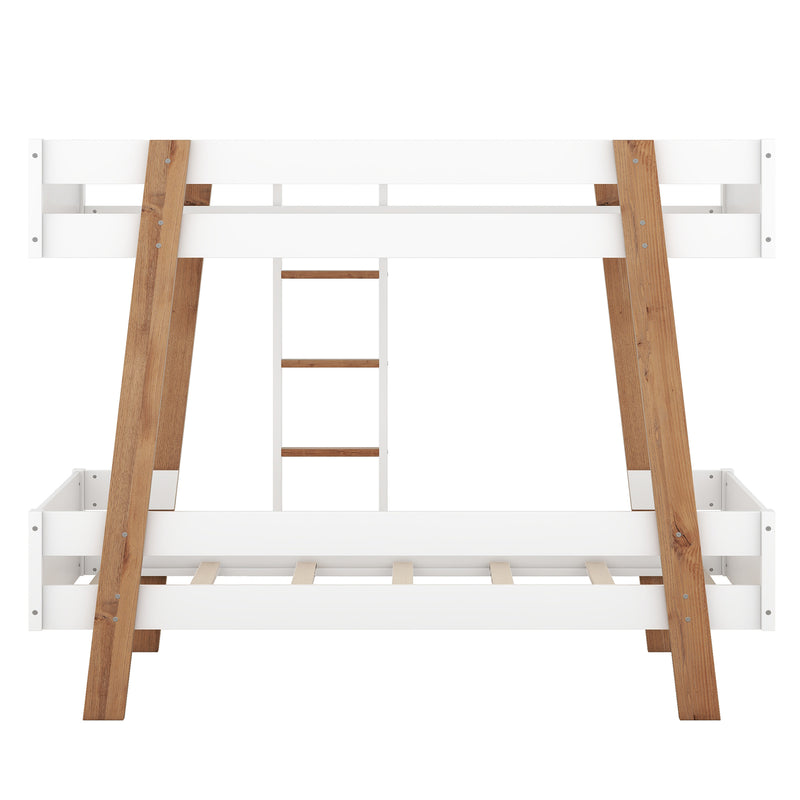 Wood Twin Size Bunk Bed with Built-in Ladder and 4 Wood Color Columns, White