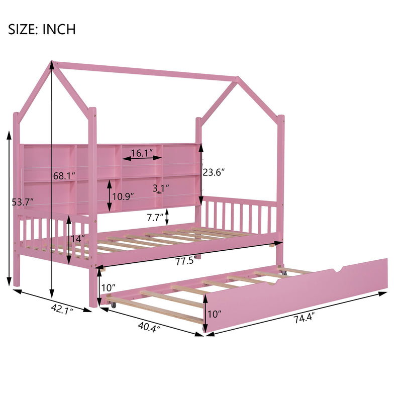 Wooden Twin Size House Bed with Trundle,Kids Bed with Shelf,Pink