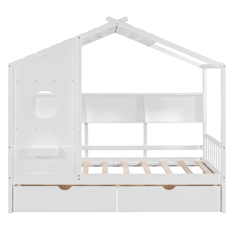 Wooden Twin Size House Bed with 2 Drawers,Kids Bed with Storage Shelf, White