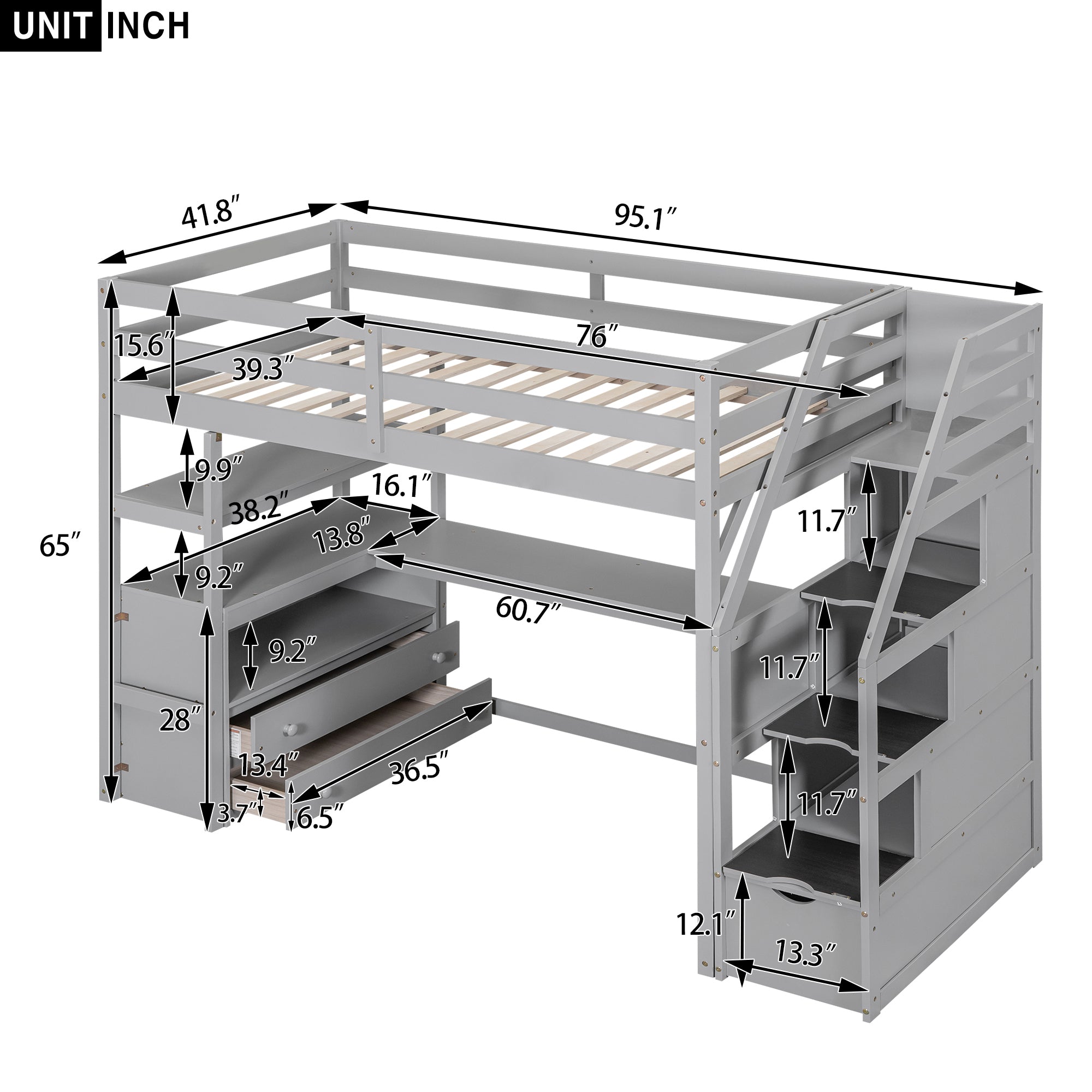 Twin Size Loft Bed with Desk and Shelves, Two Built-in Drawers, Storage Staircase, Gray - Atlantic Fine Furniture Melbourne FL