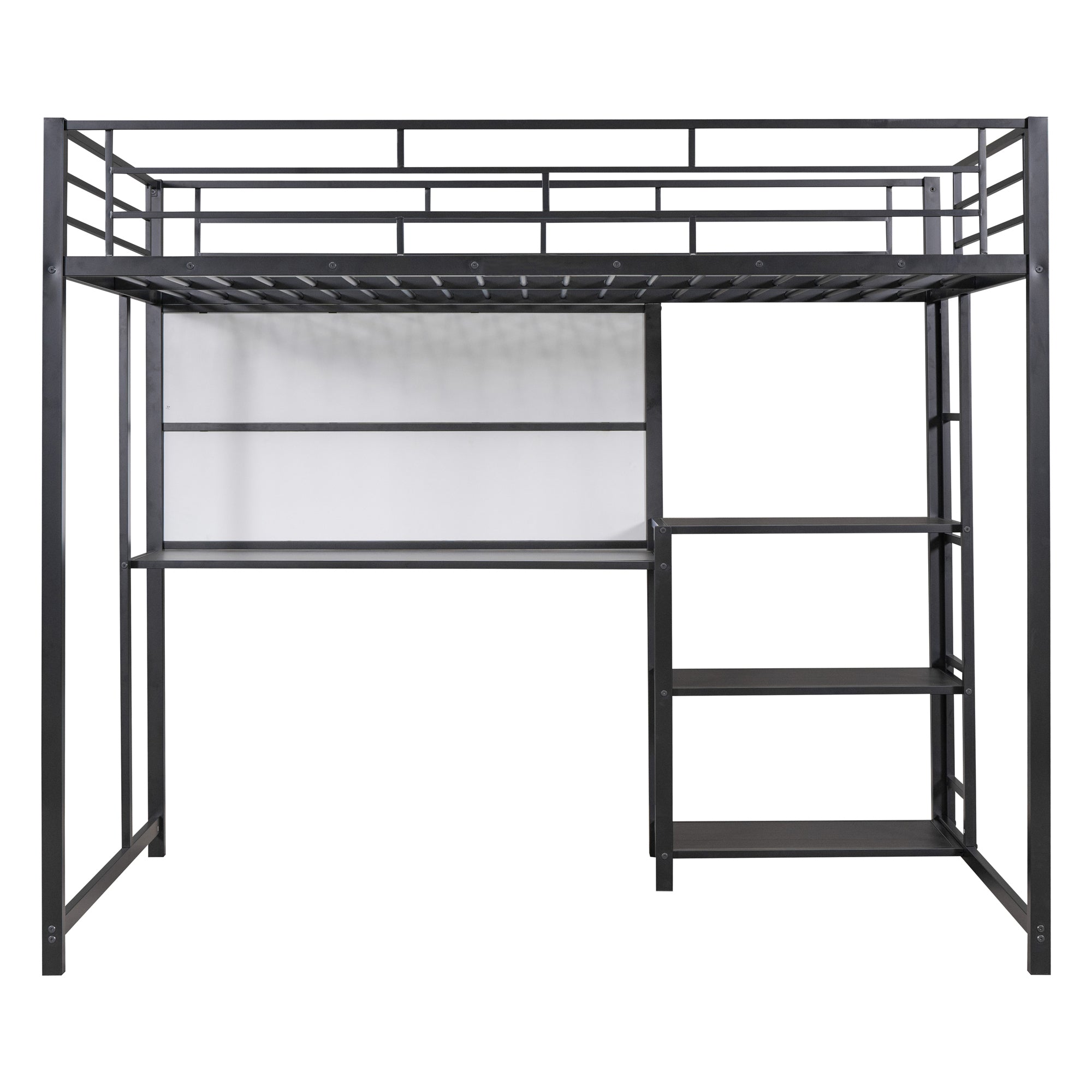 Full Size Loft Bed with Desk and Whiteboard, Metal Loft Bed with 3 Shelves and Ladder, Black - Atlantic Fine Furniture Melbourne FL