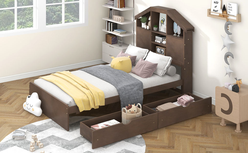 Twin Size Wood Platform Bed with House-shaped Storage Headboard and 2 Drawers, Walnut - Atlantic Fine Furniture Melbourne FL