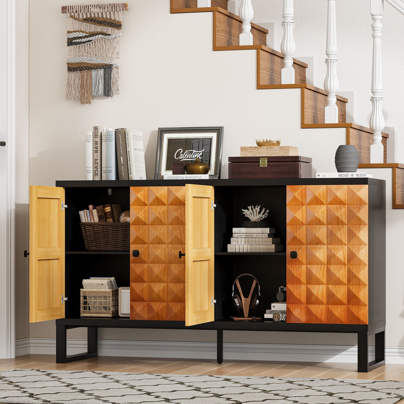 Modern Buffet Cabinet With Storage Space, Retro Style 4 Door Wooden Storage Cabinet, Multifunctional Decorative Cabinet With Geometric Patterns, Suitable For Living Room, Dining Room, Entrance - Orange / Yellow