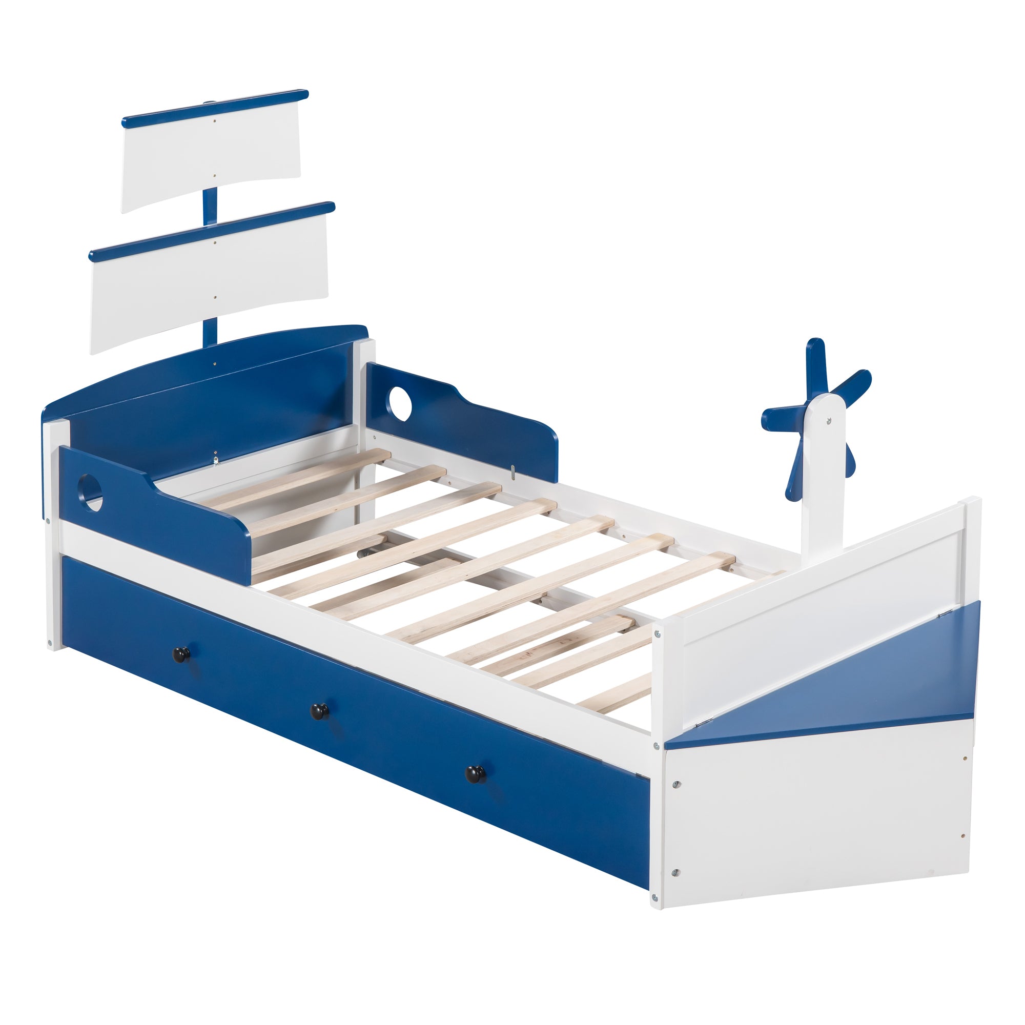 3-Pieces Bedroom Sets,Twin Size Boat-Shaped Platform Bed with  Trundle and Two Nightstands,White+Blue - Atlantic Fine Furniture Melbourne FL