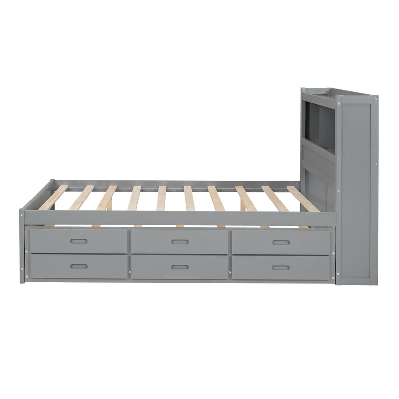 Full Size Platform Bed With Trundle, Drawers, USB Ports And Built In Shelves - Gray