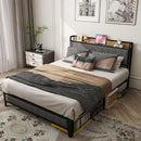 Bed With Charging Station, American Design Upholstered Headboard, Metal Platform