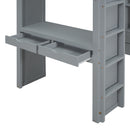 Full Size Loft Bed with large shelves, writing desk and LED Light, Gray