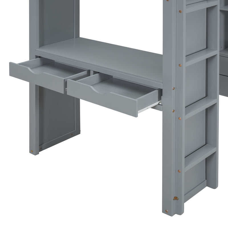 Full Size Loft Bed with large shelves, writing desk and LED Light, Gray