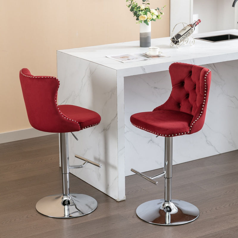 Swivel Velvet Barstools Adjusatble Seat Height From 25-33", Modern Upholstered Chrome Base Bar Stools With Backs Comfortable Tufted For Home Pub And Kitchen Island (Set of 2)