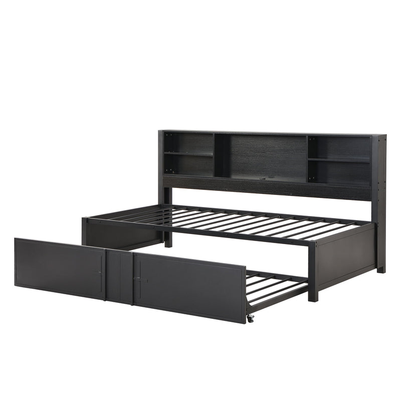 Industrial Metal Daybed With Trundle, Storage Shelves, USB Ports