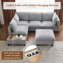 U-Shaped Sectional Modular Sofa With A Movable Ottoman, A Coffee Table With Hidden Charging Devices For Living Room