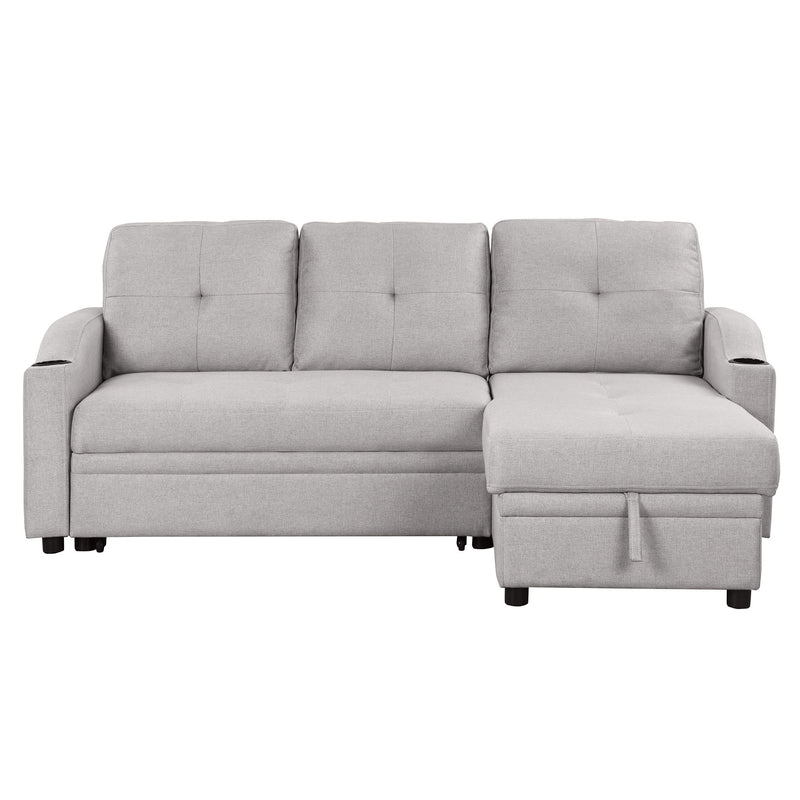 Pull Out Sofa Bed Modern Padded Upholstered Sofa Bed, Linen Fabric 3 Seater Couch With Storage Chaise And Cup Holder, Small Couch For Small Spaces