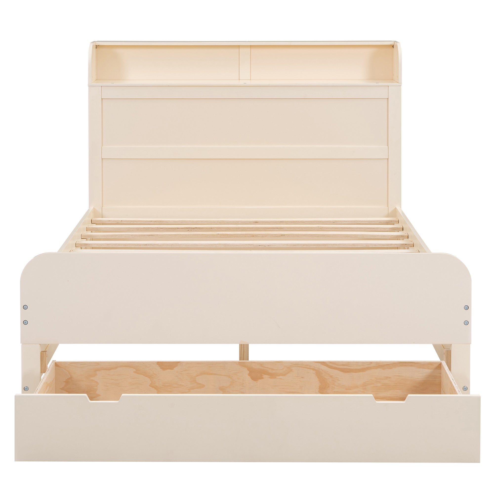 Full Size Platform Bed with Storage Headboard and a Big Drawer, Cream