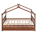 Full Size Wooden House Bed with Twin Size Trundle, Walnut