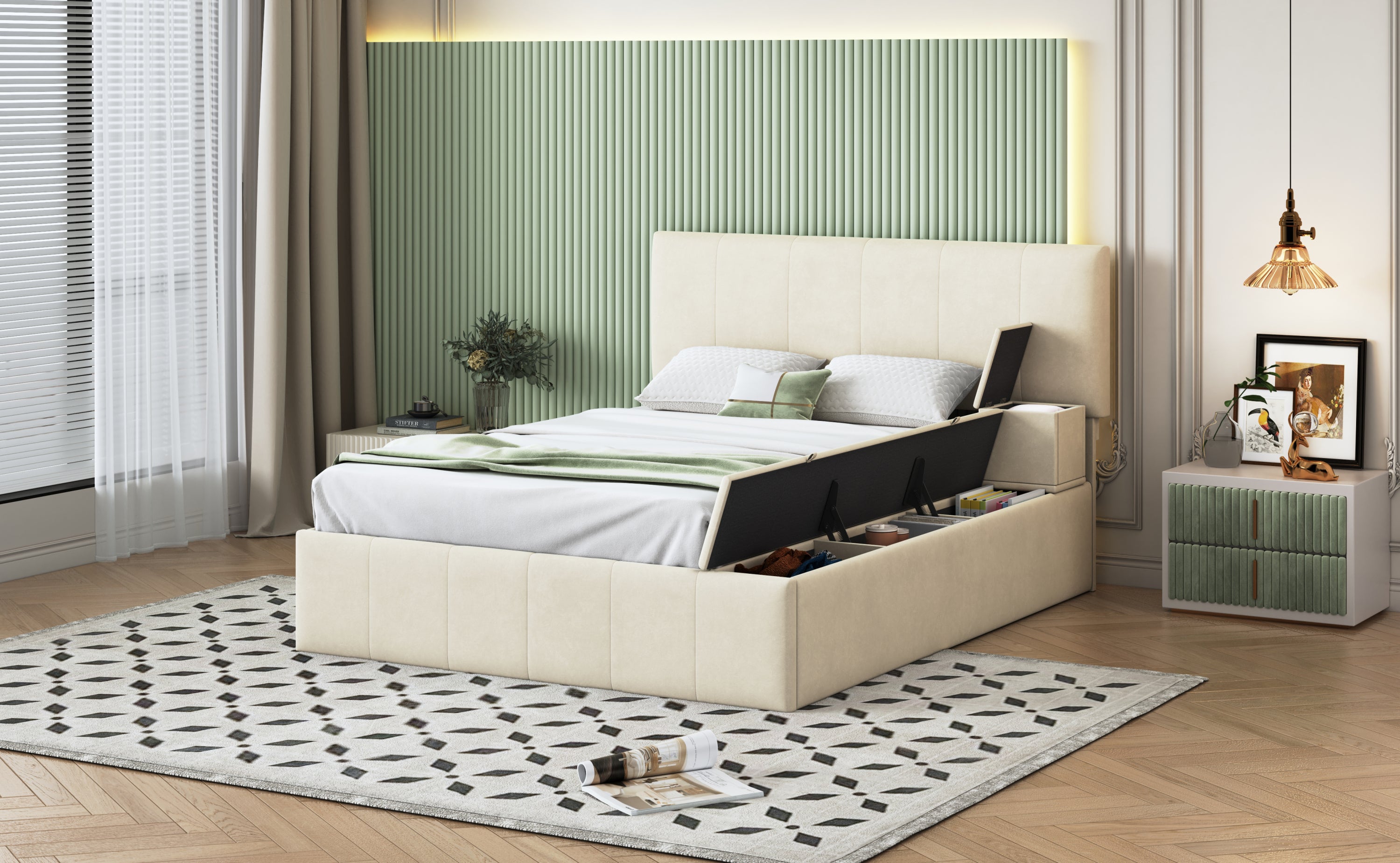 Full Size Upholstered Platform Bed with Lateral Storage Compartments and Thick Fabric, Velvet, Beige - Atlantic Fine Furniture Melbourne FL