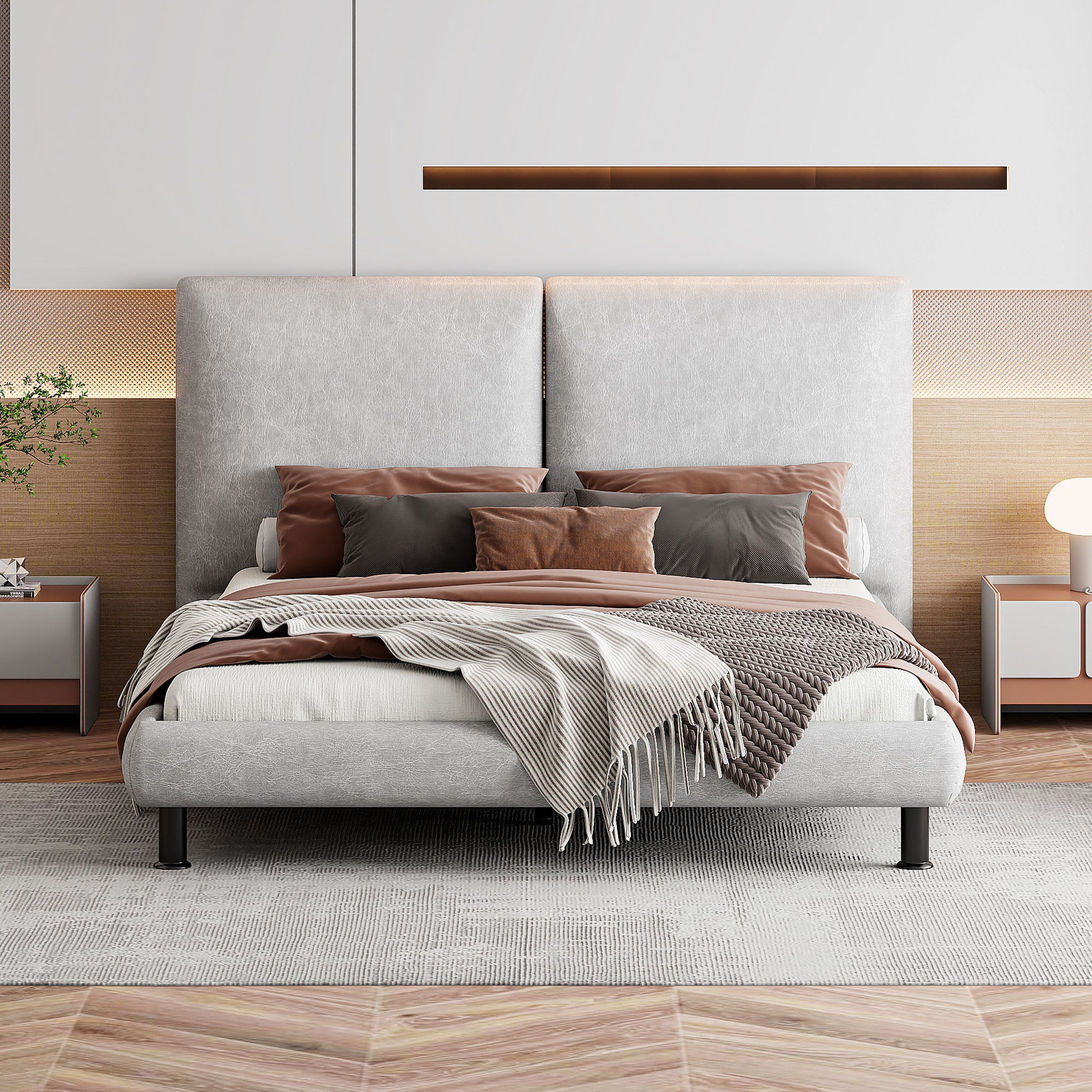 Queen Size Upholstered Platform Bed with Two Large Headrests and Thick Fabric, Polyester, Beige - Atlantic Fine Furniture Melbourne FL