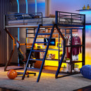 Full Size Gaming Loft Bed With Built In Work Station, Open Wardrobe, LED And Multiple Storage - Black