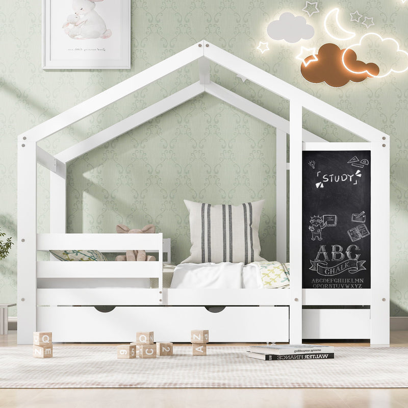 Twin House Bed With Blackboard And Drawers, 2 Assembly Options - White