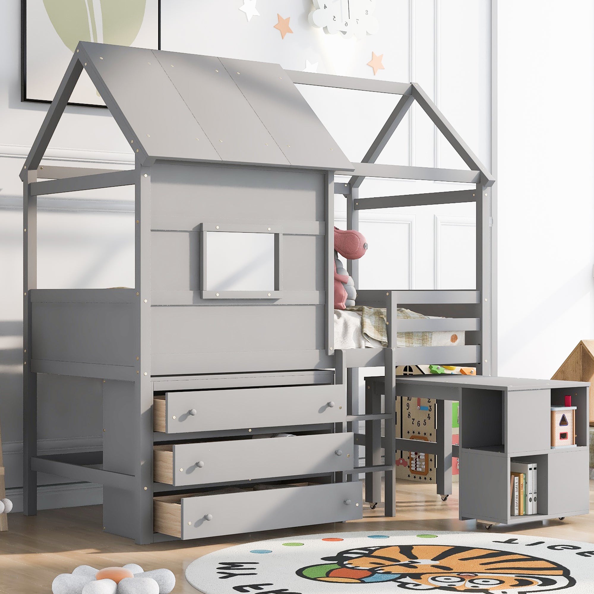 Twin Size House Loft Bed with Storage Desk and 3 Drawer Chest, Gray - Atlantic Fine Furniture Melbourne FL