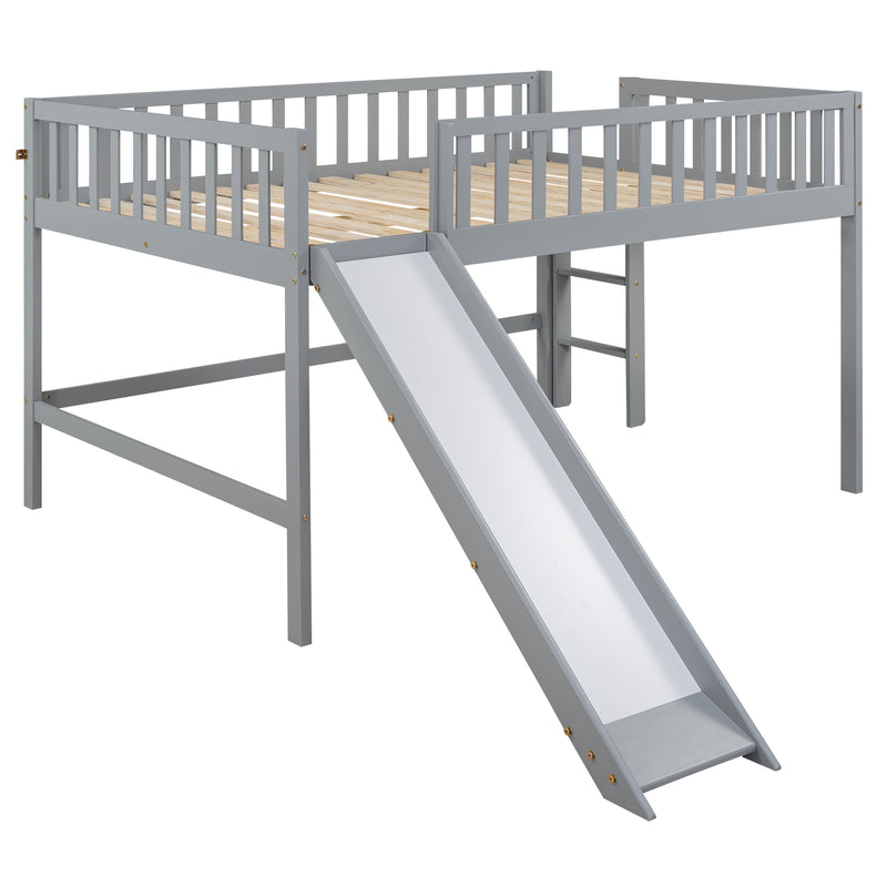 Full Size Low Loft Bed with Ladder and Slide,Gray